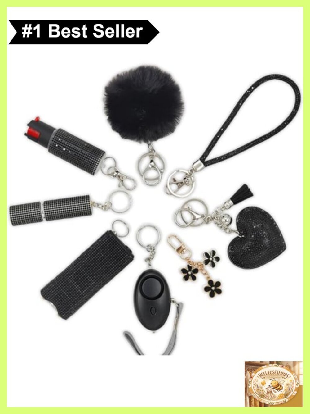Women's Sparkly Keychain Gift Set with Wrist Strap, Heart Decor, Pom Pom